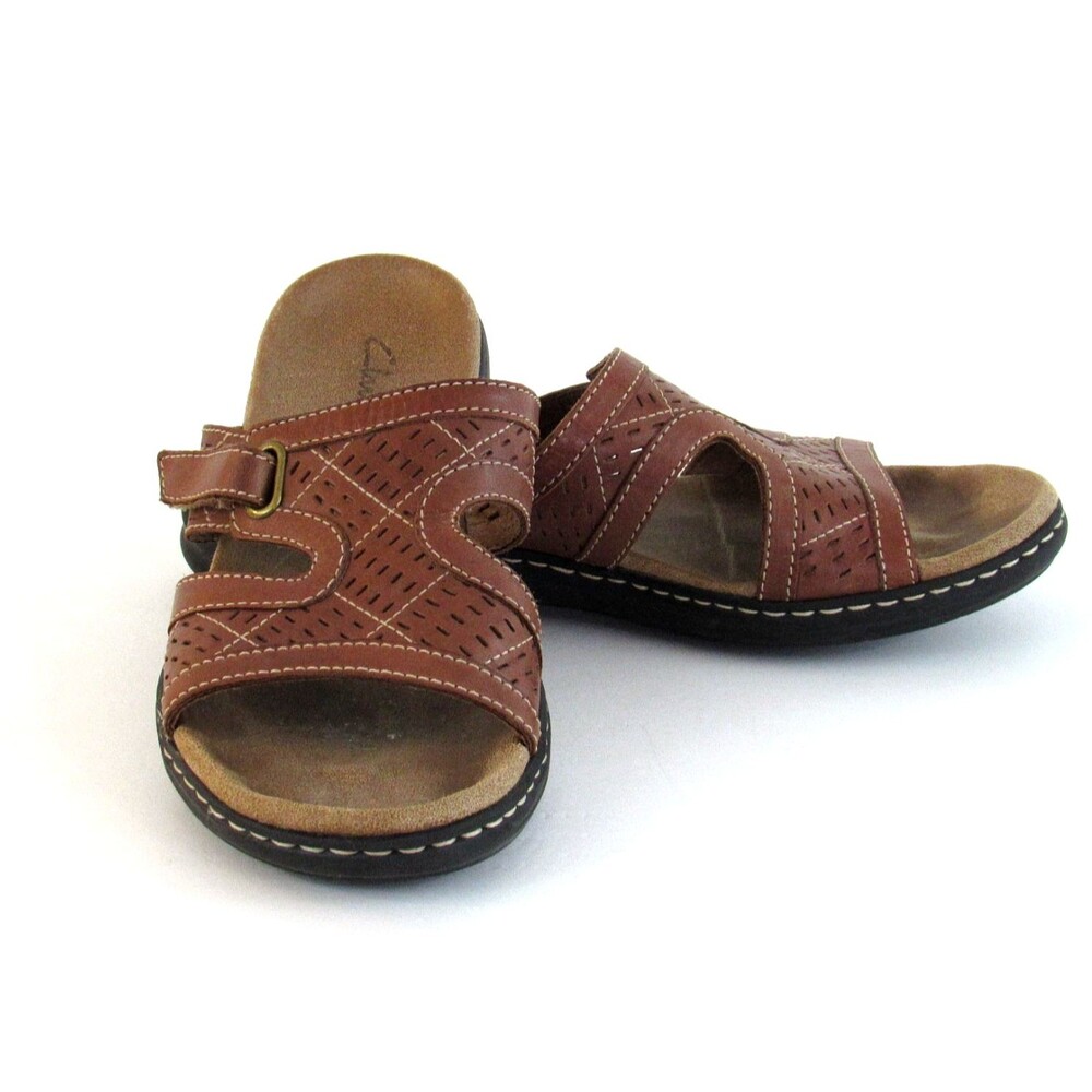 Clarks Slide Sandals Brown Laser Cut Leather Adjustable Strap Flats Size 8.5 M